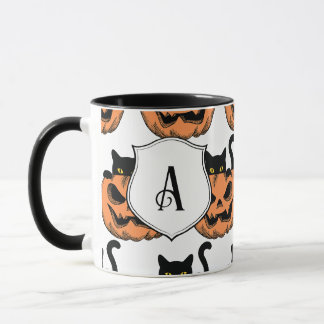 Vintage Halloween Cat Spooky Pattern Personalised Mug