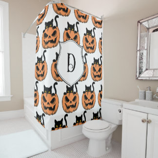 Vintage Halloween Cat Spooky Pattern Personalised Shower Curtain