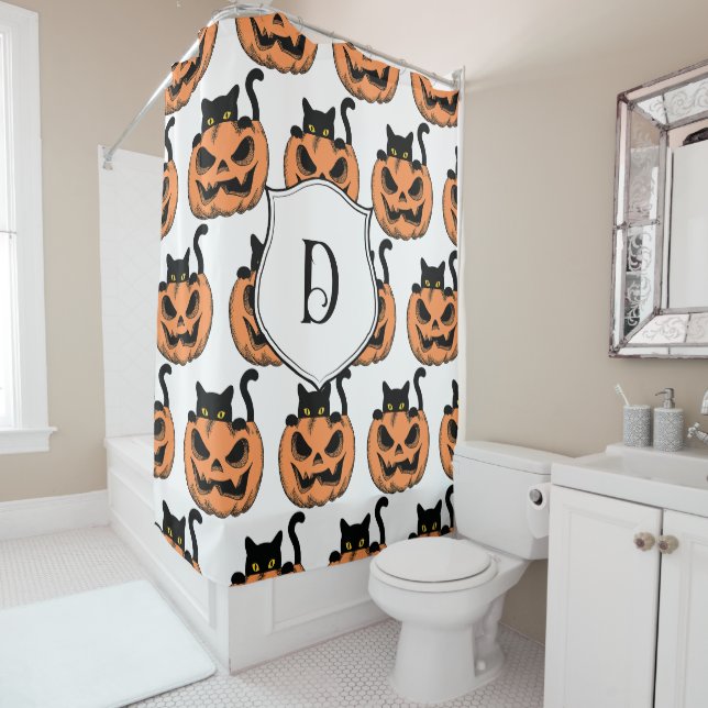 Vintage Halloween Cat Spooky Pattern Personalised Shower Curtain (In Situ)
