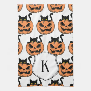 Vintage Halloween Cat Spooky Pattern Personalised Tea Towel
