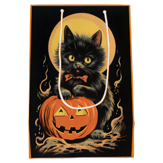 Vintage Halloween Cat with Pumpkin Medium Gift Bag