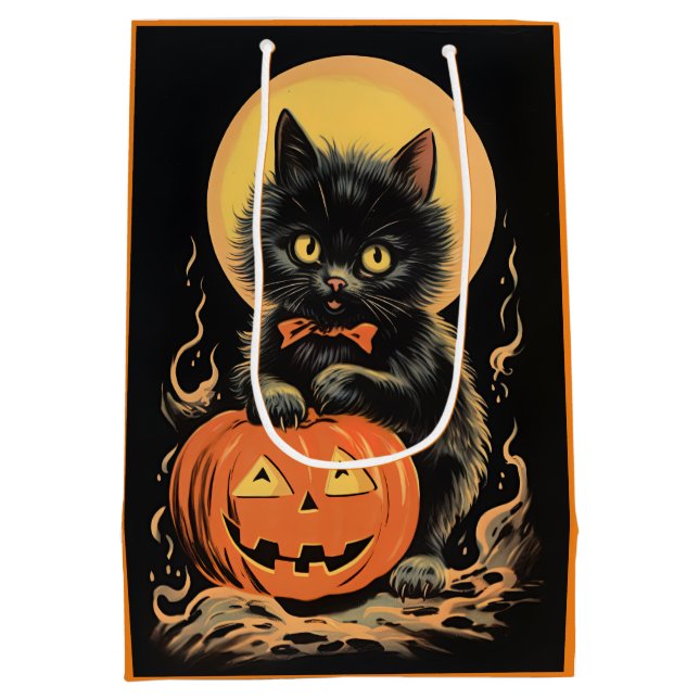 Vintage Halloween Cat with Pumpkin Medium Gift Bag (Back)