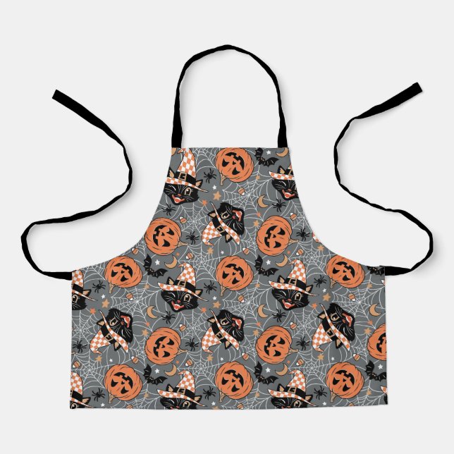 Vintage Halloween Cats and Pumpkins Pattern Apron (Front)