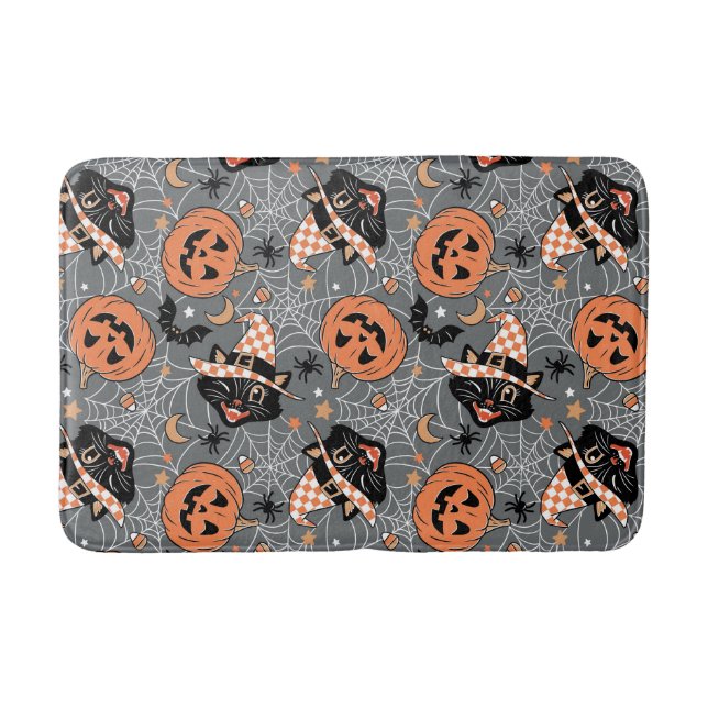 Vintage Halloween Cats and Pumpkins Pattern Bath Mat (Front)