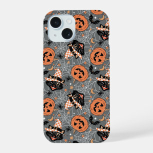 Vintage Halloween Cats and Pumpkins Pattern iPhone 15 Case