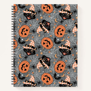 Vintage Halloween Cats and Pumpkins Pattern Notebook