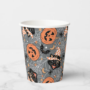 Vintage Halloween Cats and Pumpkins Pattern Paper Cups