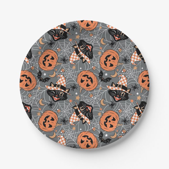 Vintage Halloween Cats and Pumpkins Pattern Paper Plate (Front)