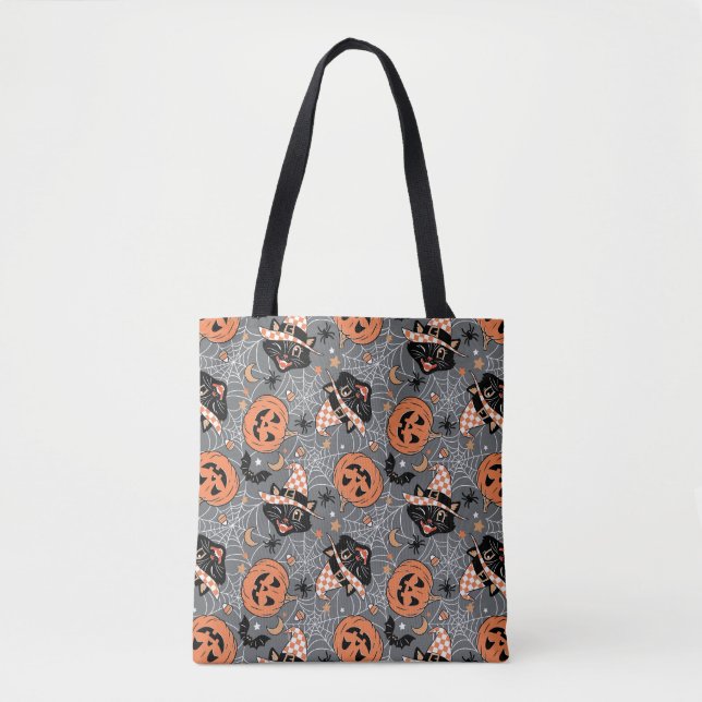 Vintage Halloween Cats and Pumpkins Pattern Tote Bag (Front)