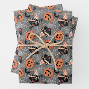Vintage Halloween Cats and Pumpkins Pattern Wrapping Paper Sheet