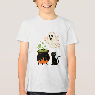 Vintage Halloween Cauldron, Ghost & Black Cat Tri-Blend Shirt