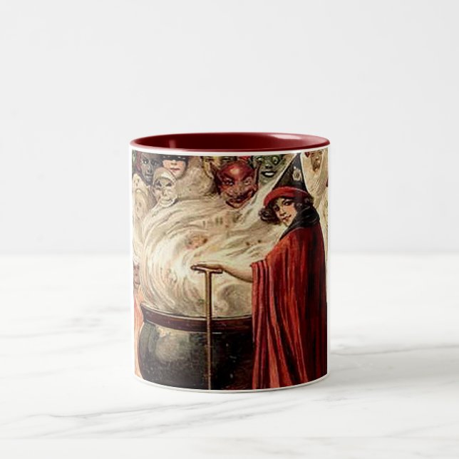 Vintage Halloween Cauldron Magic Two-Tone Coffee Mug (Center)