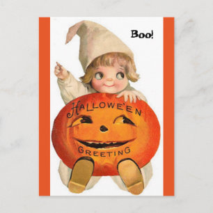 Vintage Halloween Child & Pumpkin Postcard