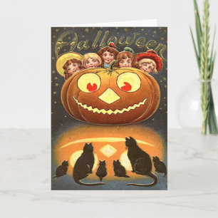 Vintage Halloween Children and Cats Card