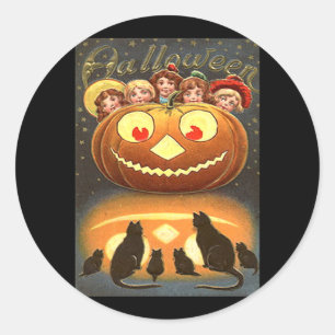 Vintage Halloween Children and Cats Classic Round Sticker