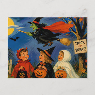 Vintage Halloween Children and Flying Witch Postcard