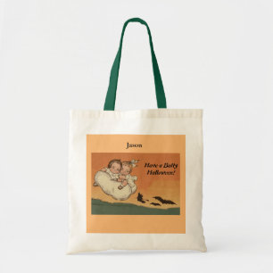 Vintage Halloween Children Flying Bats Chasing Tote Bag
