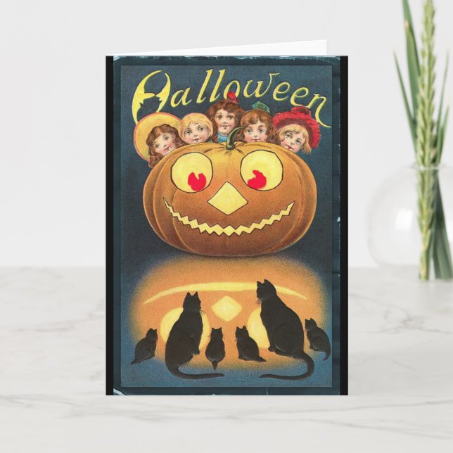 Vintage Halloween Children Hiding Behind Pumpkin Card (Front)