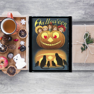 Vintage Halloween Children Hiding Behind Pumpkin Holiday Postcard