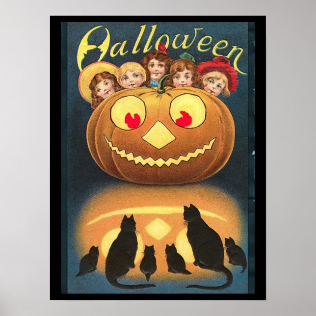 Vintage Halloween Children Hiding Behind Pumpkin Poster (Front)