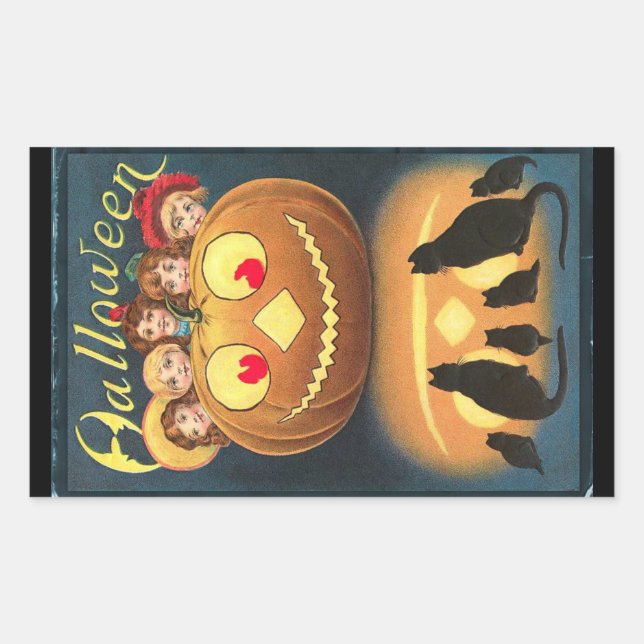 Vintage Halloween Children Hiding Behind Pumpkin Rectangular Sticker (Front)