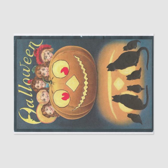 Vintage Halloween Children Hiding Behind Pumpkin Tissue Paper (Front)