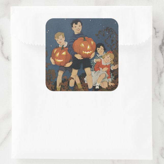 Vintage Halloween, Children holding Pumpkins Square Sticker (Bag)