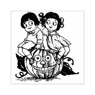 Vintage Halloween Children on Jack O'Lantern Rubber Stamp