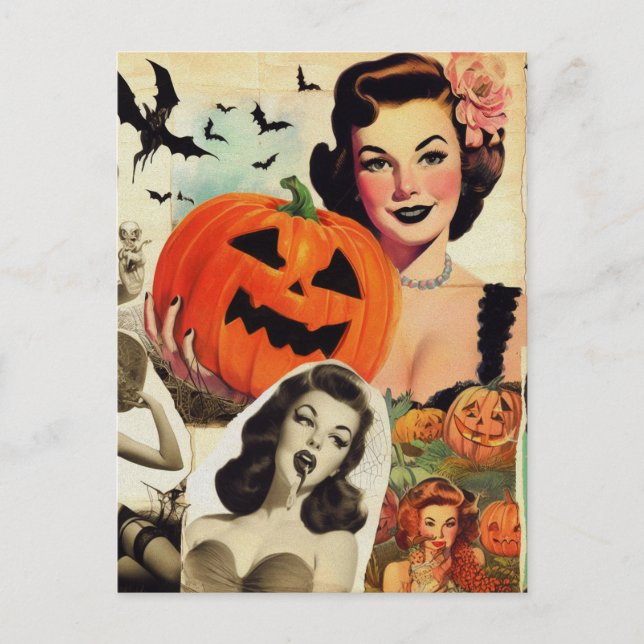 Vintage Halloween Collage Illustration Postcard (Front)