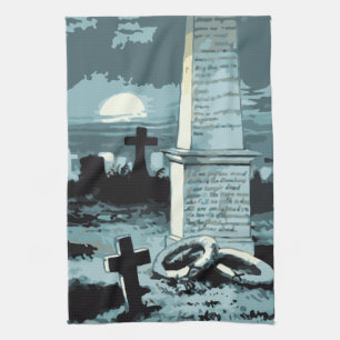 Vintage Halloween, Creepy Cemetery with Graves Tea Towel
