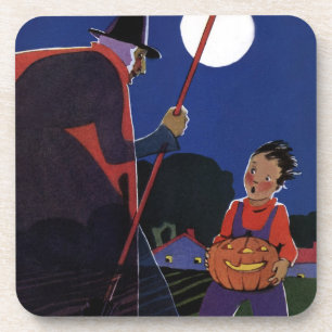 Vintage Halloween, Creepy Witch with Boy Coaster