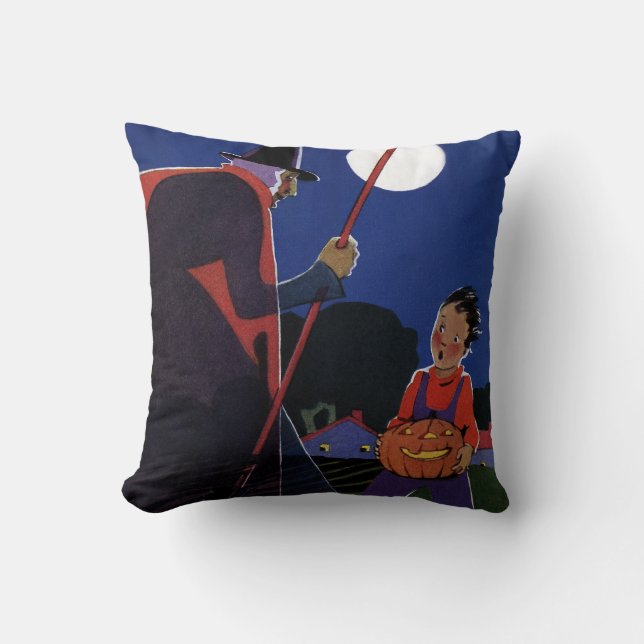Vintage Halloween, Creepy Witch with Boy Cushion (Front)