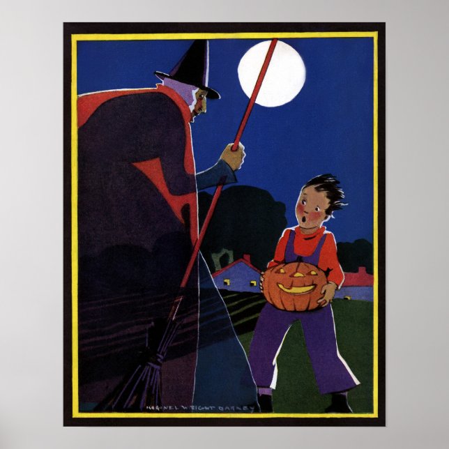 Vintage Halloween, Creepy Witch with Boy Poster (Front)