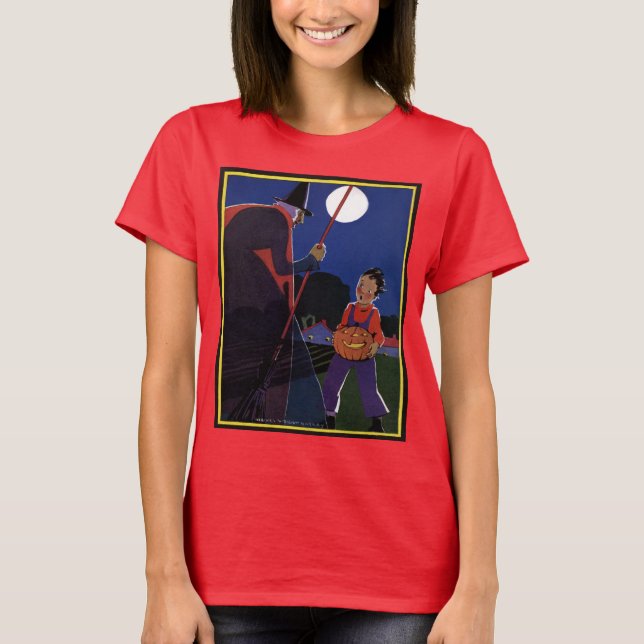 Vintage Halloween, Creepy Witch with Boy T-Shirt (Front)