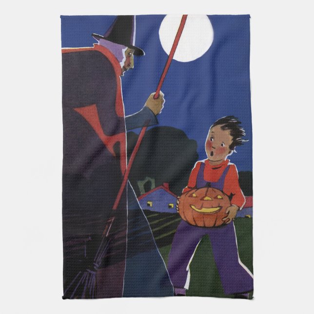 Vintage Halloween, Creepy Witch with Boy Tea Towel (Vertical)