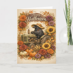 Vintage Halloween Crow Tractor Harvest Card