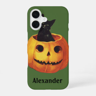 Vintage Halloween, Cute Black Cat in a Pumpkin iPhone 16 Case