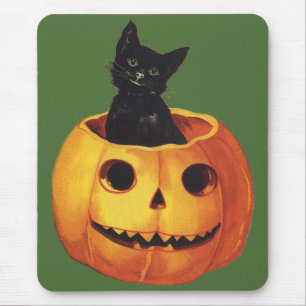 Vintage Halloween, Cute Black Cat in a Pumpkin Mouse Mat