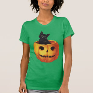 Vintage Halloween, Cute Black Cat in a Pumpkin T-Shirt
