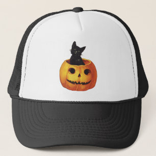 Vintage Halloween, Cute Black Cat in a Pumpkin Trucker Hat