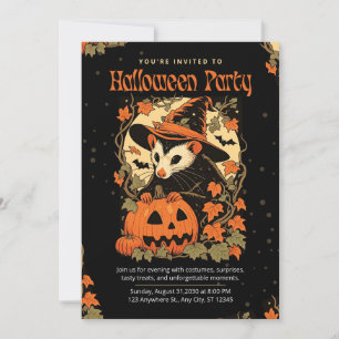 Vintage Halloween Cute Opossum Pumpkin Floral Invitation
