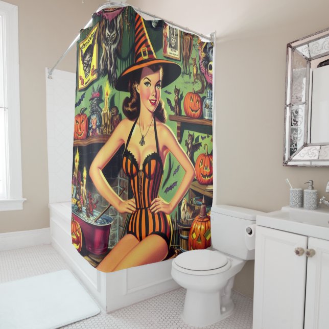 Vintage Halloween Cute Witch Pinup Shower Curtain (In Situ)