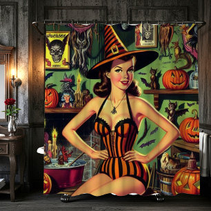 Vintage Halloween Cute Witch Pinup Shower Curtain