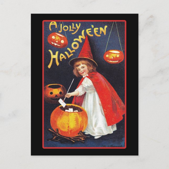 Vintage Halloween Cute Witch Pumpkin Postcard (Front)