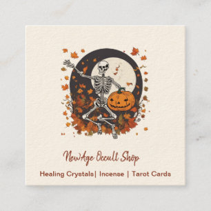 Vintage Halloween Dancing Skeleton Occult Shop Square Business Card