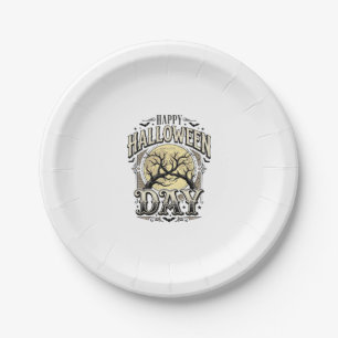 Vintage Halloween Day Moon Tree Branch Shirt Desig Paper Plate