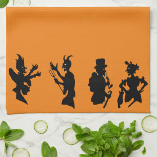 Vintage Halloween Demon Devil Silhouettes Tea Towel
