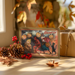 Vintage Halloween Devils Witches And Cat Dancing Holiday Card