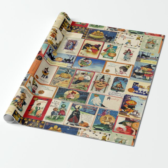 Vintage Halloween Ephemera Wrapping Paper (Unrolled)