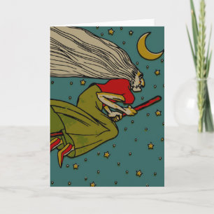 Vintage Halloween, Evil Witch Flying on Broomstick Card